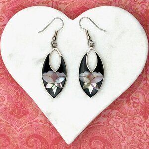 Sterling Silver Black Enamel/Albalone Lotus Inlay Drop Earrings